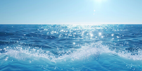 Fototapeta premium A sparkling blue ocean stretches endlessly towards the horizon, waves crashing against the shore