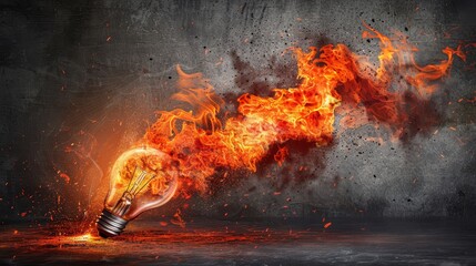 Naklejka premium A burned-out light bulb in a dark room emits red and orange flames from its top and side, casting eerie shadows on the wall