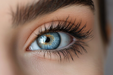 Obraz premium A woman's eye, with light reflected in the pupil, close-up. Beauty and health