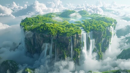 Flying land with beautiful landscape, green grass and waterfalls, mountains, lake. 3d illustration of floating forest island isolated with clouds.