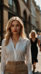Fototapeta premium Confident and attractive blonde women, dressed in classic strict clothes, walk down a sunny city street