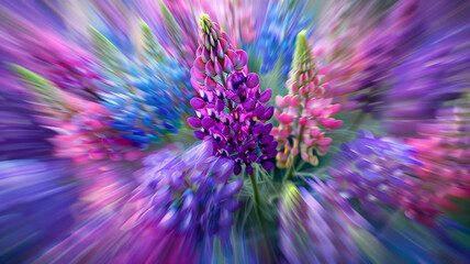 Vibrant explosion of lupin colors with vivid purples and pinks in motion