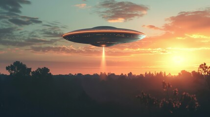 UFO hovering above forest at sunset. Extraterrestrial spacecraft with beam of light.