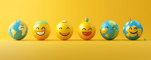 Six globes with smiley faces on a yellow background. Flat lay composition of world globes with happy expressions. - Powered by Adobe