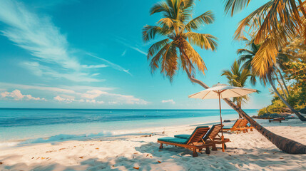 Tropical Beach Paradise with Sun Loungers and Umbrella