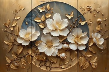 3 panel wall art, a collection of white golden circle-shaped works of art, each featuring intricate patterns of flowers, leaves and butterflies