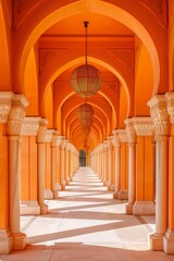 Orange arabic architecture style corridor with arches 