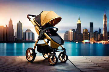 Yellow baby stroller parked and in the background a view of the city