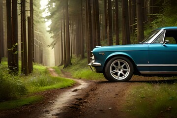 A blue vintage car parked on a rustic road with trees around it