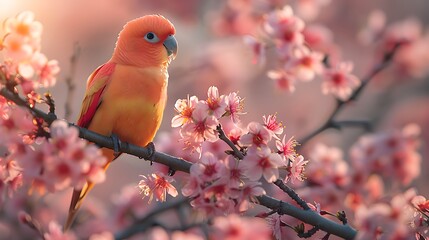 Fototapeta premium A vibrant parrot perched on a branch of a tropical palm tree, its colorful feathers glowing in the dappled sunlight.