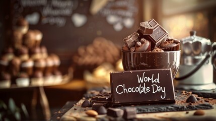 World Chocolate Day sign with chocolates and cupcakes in a cafe