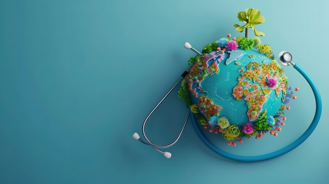 Our planet's health highlighted in a 3D background for World Health Day, accompanied by text and a doctor's stethoscope.