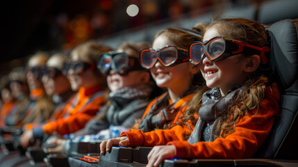 A group of children wearing 3D glasses enjoying an immersive movie experience in a theater.
