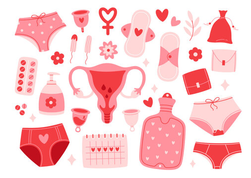 Menstrual period set. Female period products - tampon, pads, menstrual cup, panties, monthly calendar, pills. Female hygiene. Vector illustration in flat style