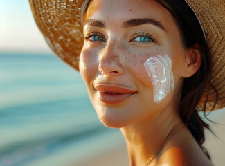 A young woman on a sunny beach day protects her face with sunscreen, Generative AI