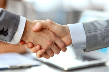 A handshake of two business people in the office, contract and partnership, Generative AI
