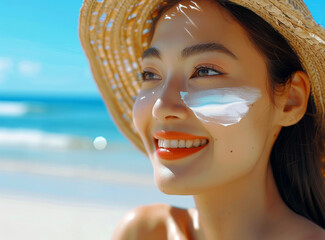 Asian young woman on a sunny beach day protects her face with sunscreen, Generative AI,