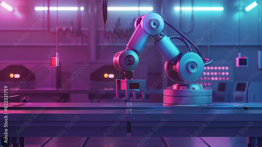Poster industrial robot works automatically in smart autonomous factory.
