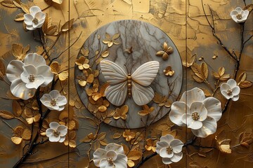 3 panel wall art, a collection of white golden circle-shaped works of art, each featuring intricate patterns of flowers, leaves and butterflies