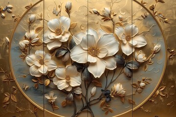 3 panel wall art, a collection of white golden circle-shaped works of art, each featuring intricate patterns of flowers, leaves and butterflies