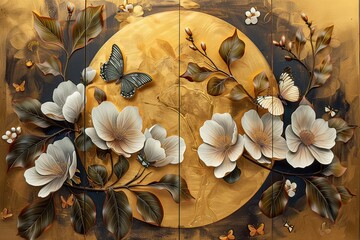 3 panel wall art, a collection of white golden circle-shaped works of art, each featuring intricate patterns of flowers, leaves and butterflies