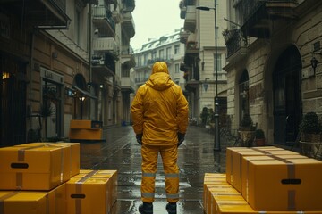 Smiling Delivery Man with Cardboard Boxes Outdoors, Professional and Efficient Logistics Service in Urban Setting with Natural Light