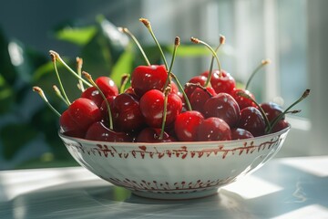 Fresh red cherries fruit in bowl. Generative AI