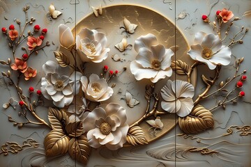 3 panel wall art, a collection of white golden circle-shaped works of art, each featuring intricate patterns of flowers, leaves and butterflies