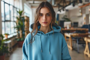 Young woman wearing blank basic blue plain hoodie standing in modern office. Mock up template for hoodie design