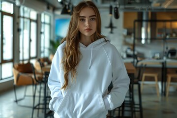 Young woman in white hoodie indoors