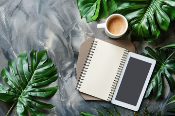 Modern workspace home office desk table with blank spiral notebook, digital tablet , cup of coffee and green plant leaves.