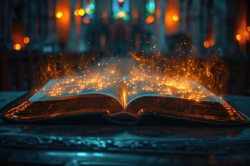 Open holy bible book with glowing lights in church