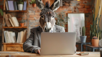 A donkey in a suit diligently types on a laptop, blending humor with professionalism in this quirky stock image perfect for illustrating office work or unexpected scenarios
