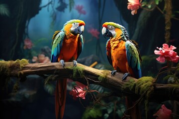 Tropical parrots sitting on a tree branch in the rainforest