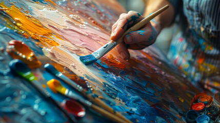 Fototapeta premium Oil painting. The artist's hand holds a brush and paints on canvas. Close-up.