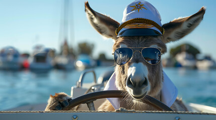 A cool donkey sporting sunglasses navigates a motorboat, exuding leisure and whimsy against a scenic backdrop, promising playful adventure and relaxation for visual projects
