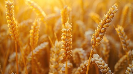 Wheat field. Ears of golden wheat closeup. Harvest concept.