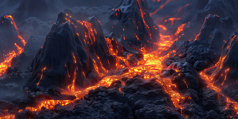 The glowing orange embers cascade down the rocky black mountainside, the soft light playing off their jagged peaks
