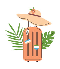 Suitcase for vacation. Summer hat and suitcase on background of tropical leaves. Valise with stickers. Travel luggage. Flat vector illustration isolated on white background.