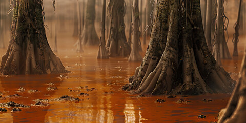 The murky brown swamp mist curls around the gnarled tree trunks, creating an ethereal atmosphere