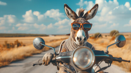 A cool donkey wearing sunglasses rides a motorcycle, exuding confidence and adventure under the sun, capturing a whimsical and carefree spirit for your creative projects