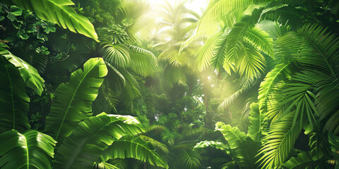 The lush green jungle canopy towers above, teeming with life, its vibrant leaves blocking out the harsh rays of the sun