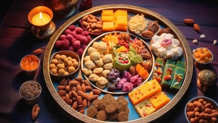 A colorful platter of assorted traditional sweets and snacks is presented on a table, surrounded by festive decorations and candlelight, symbolizing celebration, diversity, and joy.