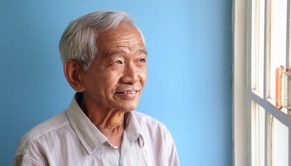 An Indian 80 years old men with a thinking expression on his face in front of the plain blue background