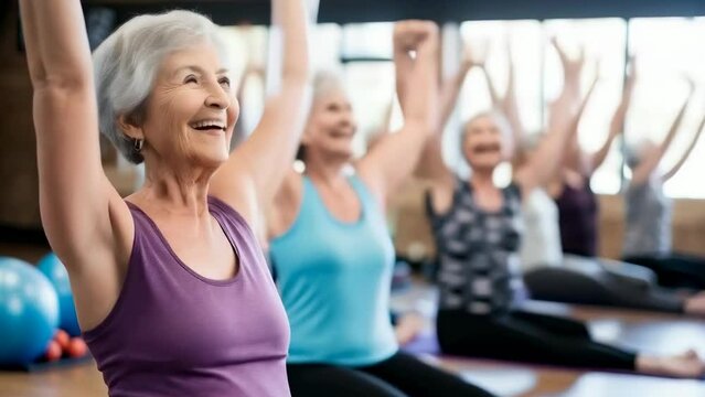 Elderly women in a group fitness class, practicing yoga, stretching with arms raised, cheerful expressions, indoor setting, exercise, well-being, community, health, flexibility, active lifestyle.