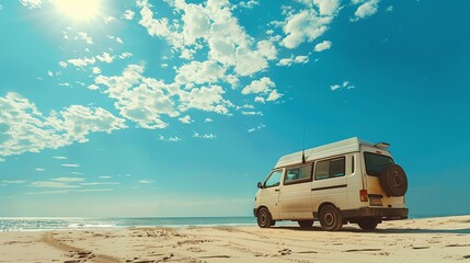 A camper van parked on a sandy beach with ocean in the background.