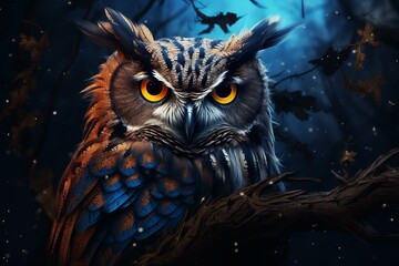 Digital illustration of a majestic owl with captivating eyes perched on a branch at night