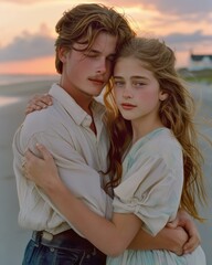 Obraz premium A young couple is standing on the beach, embracing each other and watching the sunset. AI.