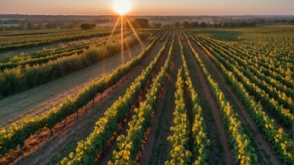 Rows of grape vines stretch to the horizon, bathed in the warm glow of the setting sun. AI.