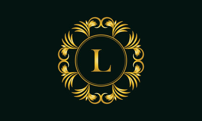 Golden elegant monogram in the form of a ring design with the letter L in the center. Vector illustration. Luxury ornament for restaurant logo, business, jewelry, etc